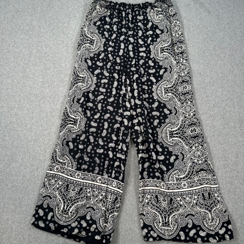 Angie High Rise Pull On Pants Women's Large Black/White Paisley Wide Leg