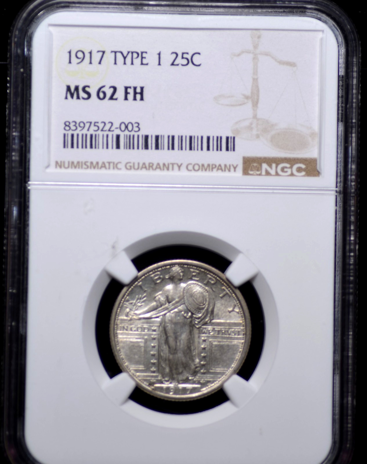 1917 TYPE 1 STANDING LIBERTY QUARTER NGC MS 62 FULL HEAD LUSTROUS, SLIGHTLY
