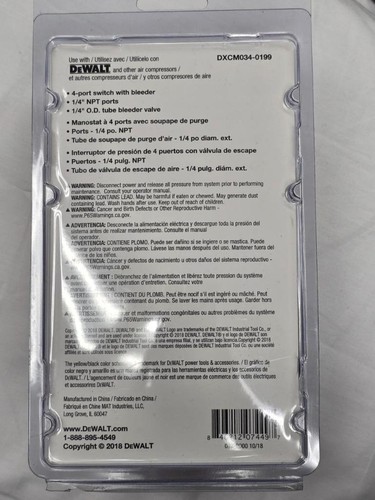 Interruptor de presión de repuesto para compresores de aire DeWalt DXCM034-0199 145-175 PSI - Imagen 2 de 2