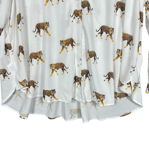 Jane + Delancey 3X Tiger Animal Print Roll Tab Long Slv Button Blouse Top Viskose - Bild 4 von 11