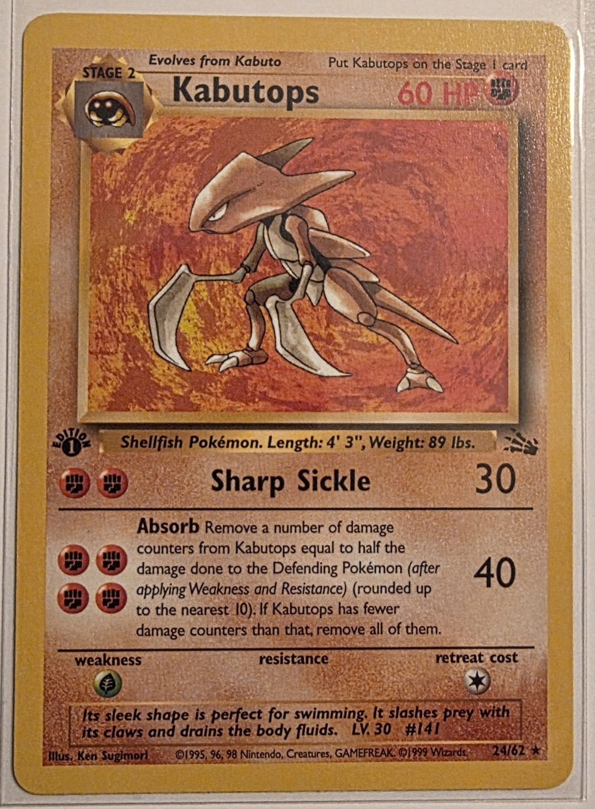 Pokemon Fossil 1st Edition Kabutops Card 9/62  Non Holo, Near Mint Condition