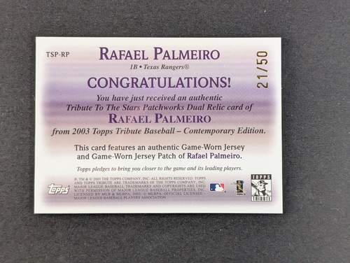 Rafael Palmeiro 2003 Topps Tribute To The Stars Patchworks Dual Jersey Patch /50 - Picture 2 of 2