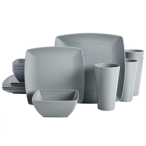 GIBSON HOME SOHO GRAYSON SQUARE MELAMINE PLASTIC DINNERWARE SET 16PCS GREY - Picture 1 of 5