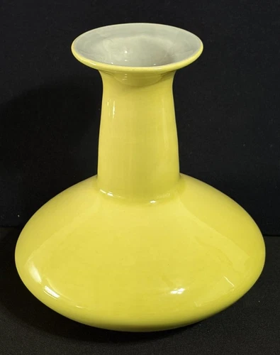 MCM Vintage Red Wing Chartreuse Yellow Bulbous 8" Vase Grey Interior