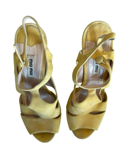 MIU MIU WILDLEDER KEIL PLATEAU SANDALEN SOLEIL Gr 37 1/2 Italy Stempel COA US Gr. 6,5 - Bild 6 von 14