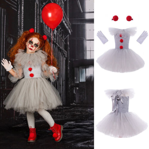 Kids Girls Halloween Cosplay Costume Dress Sets Pennywise Clown Suit 2-12 Years - Afbeelding 1 van 14