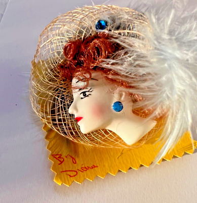 Face Brooch Artist Handmade with Rhinestones & Feathered Hat Ceramic Face 3''