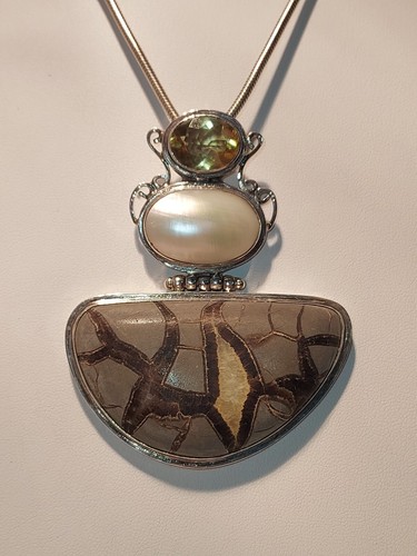 SIGN AF~**LARGE JASPER MOTHER OF PEARL & CITRINE PENDANT**~Sterling 925~22"CHAIN