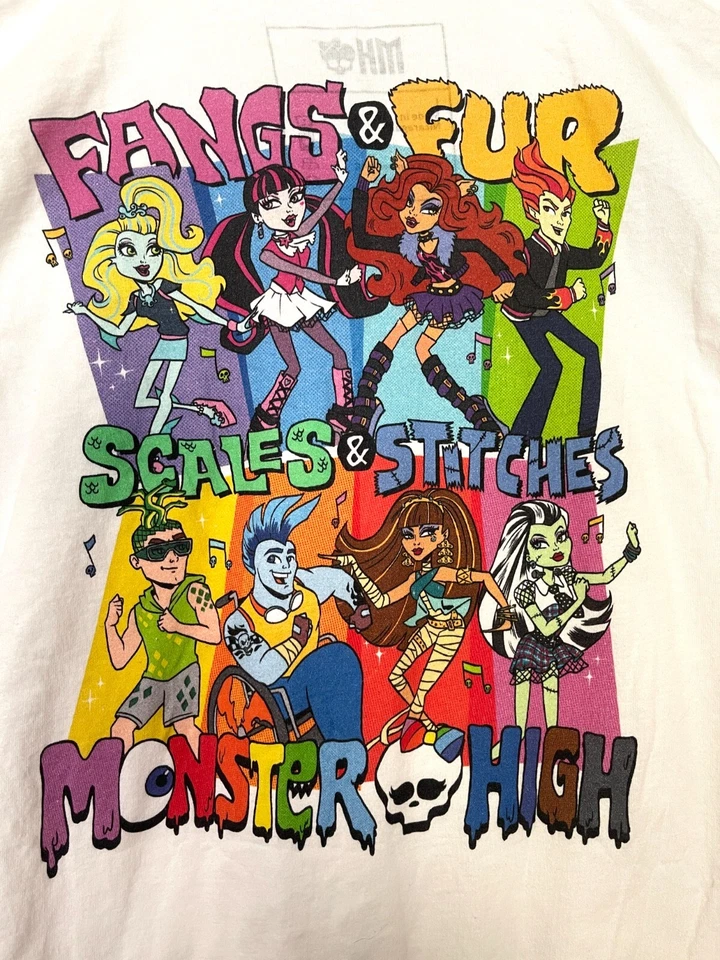 Monster High White T Shirt We All Belong Fangs Fur Scales Stitches YOUTH LARGE - Image 3 of 4