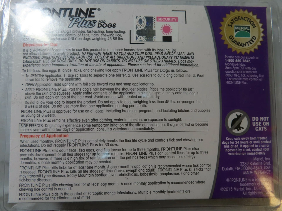 FRONTLINE PLUS DOGS 45-88Lbs CONTROLE DE PULGAS E CARRAPATOS 3 DOSES NOVO EM FOLHA, LACRADO - Imagem 2 de 2