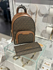 Michael Kors Jaycee XS Zip Pocket Mini Backpack +Trifold Card Wallet Set (Brown)