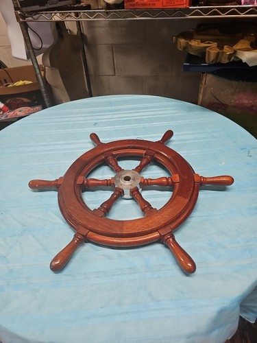 Vintage Trojan Ship Boat Helm Steering Wheel Wooden Nautical Theme Mahogany 22” - Picture 6 of 8
