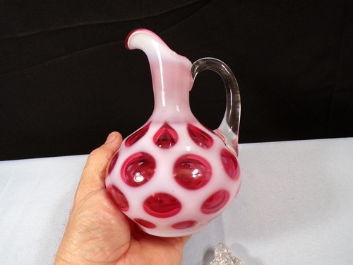 Fenton Cranberry Opalescent Glass Coin Dot Cruet w/ Stopper - Picture 2 of 10