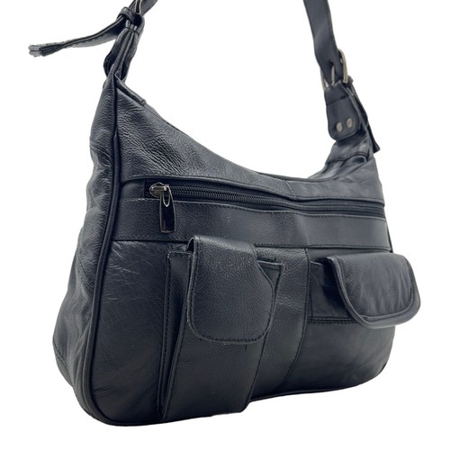 Vintage 80s 90s Medium Patchwork Leather Shoulder Bag Satchel Handbag BLACK - Picture 16 of 16