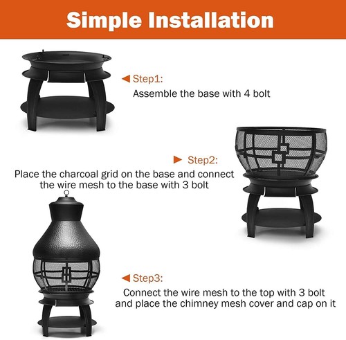 Outdoor Cast Iron Chiminea, Fireplace Wooden Chiminea Fire Pit w/Fire Poker - Picture 4 of 7