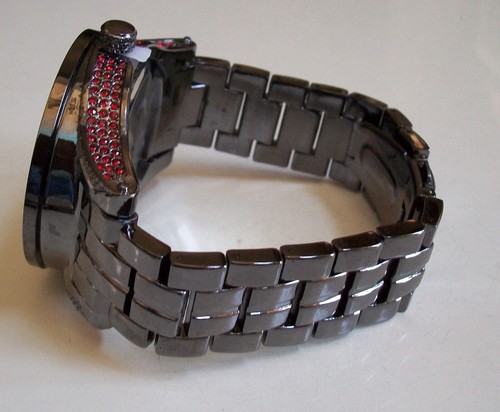 Men's hematite finish Techno King fashion hip hop red & clear stone watch - Picture 15 of 16