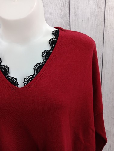 Chico's Red Allure Black Lace Trimmed V Neck Sweater Poncho Large X-Large - Picture 2 of 13