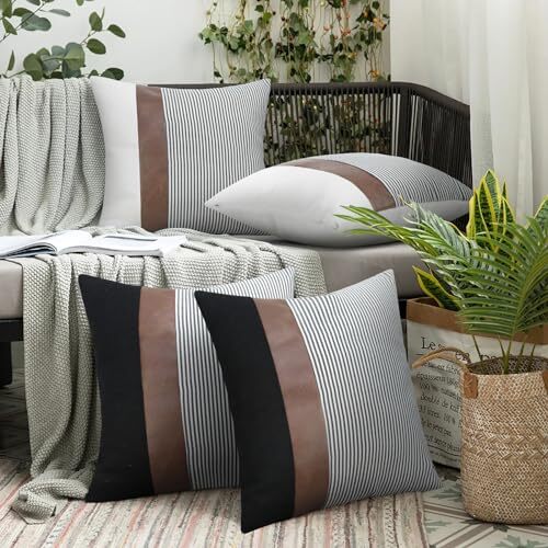 Set of 2 Inch Stripe Linen Patchwork Decorative Faux Leather Throw 18x18 Black - Picture 4 of 7