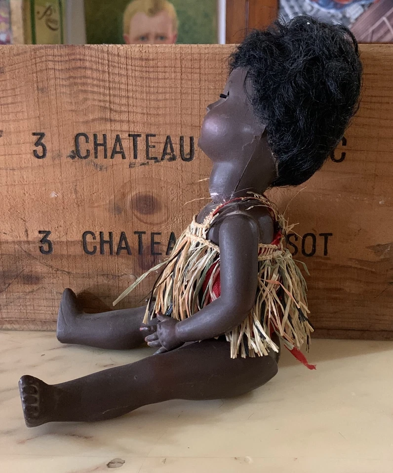 VINTAGE BAMBOLA doll AFRICANA BAMBINA FURGA ITALY 1940s 29 CM CELLULOIDE - Immagine 4 di 4