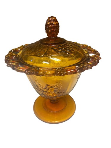 Vintage Ambra Carnevale Vetro Raccolta Uva Con Coperchio Composta Indiana Bordo Pizzo - Foto 2 di 8
