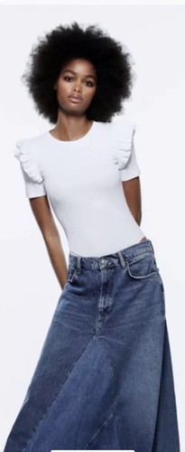 Zara Größe M Damen gerüschelt WEISS Rippe Body kurzärmelig Stretch neu mit Etikett weiß