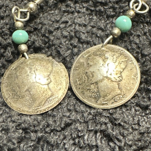 Sterling Silber Merkur Groschen Ohrringe mit Malachit und Navajo Perlen - Bild 2 von 5