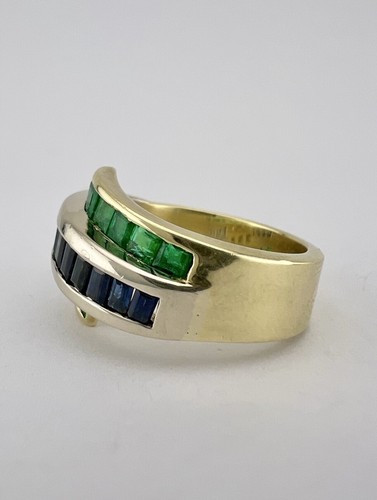 14K Yellow Gold Emerald & Sapphire Baguette Princess Cut Channel Set Bypass Ring - Picture 6 of 10