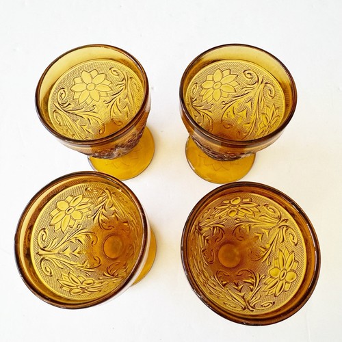 Indiana Glass Tiara Amber Sandwich Glass Pattern Footed Glasses 4.5in Set Of 4 - Picture 6 of 12