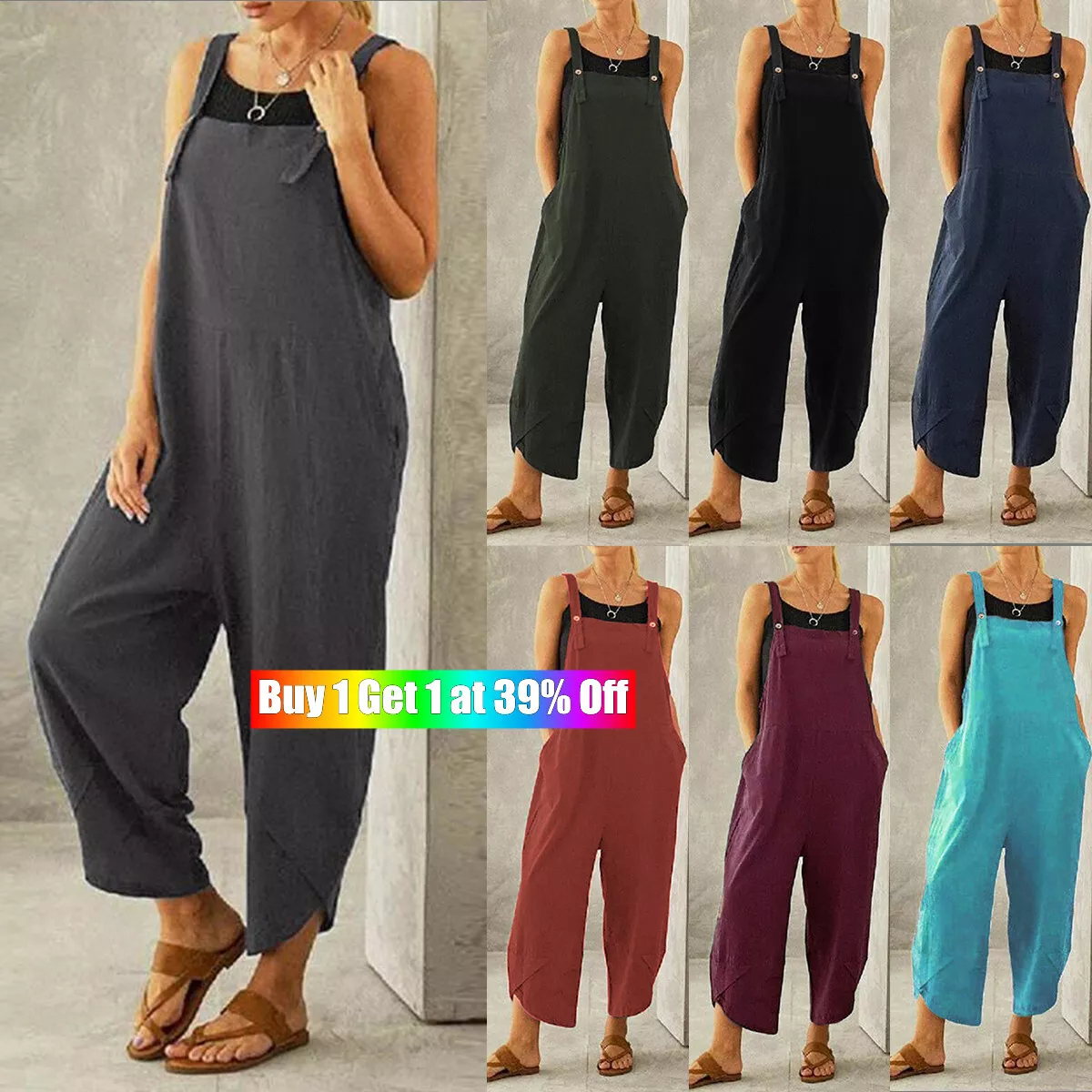 Women Cotton Linen Strappy Jumpsuit Dungarees Baggy Overall Trouser With  Pockets