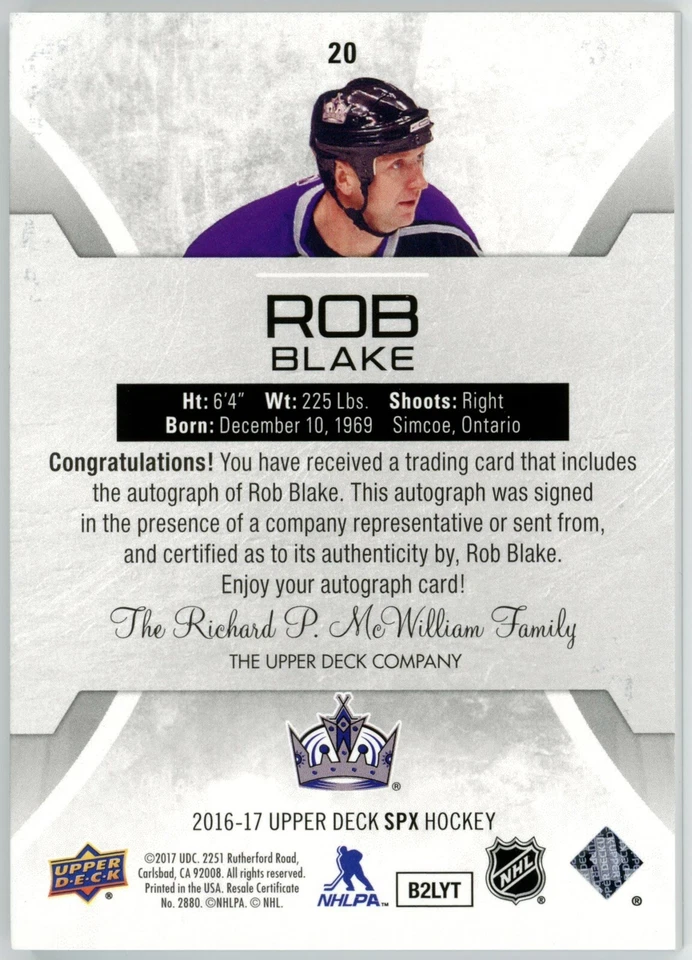 2016-17 Upper Deck SPX Rob Blake Stars And Legends Auto Blue /15 #20 - Image 2 of 2