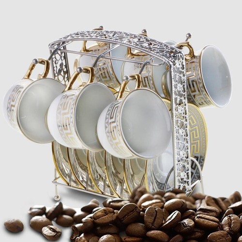 Porzellan Mokkatassen Set 13Tlg Mokka Tassen Mocha Espresso Metallständer Gold - Picture 4 of 4