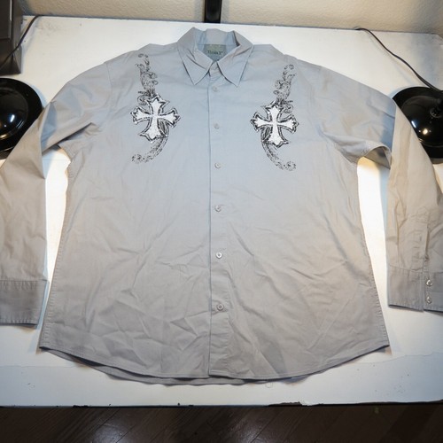 ROAR STUDDED CROSS TATTOO ART STRETCH BUTTON DOWN SHIRT Sz Mens XXL - Picture 3 of 4