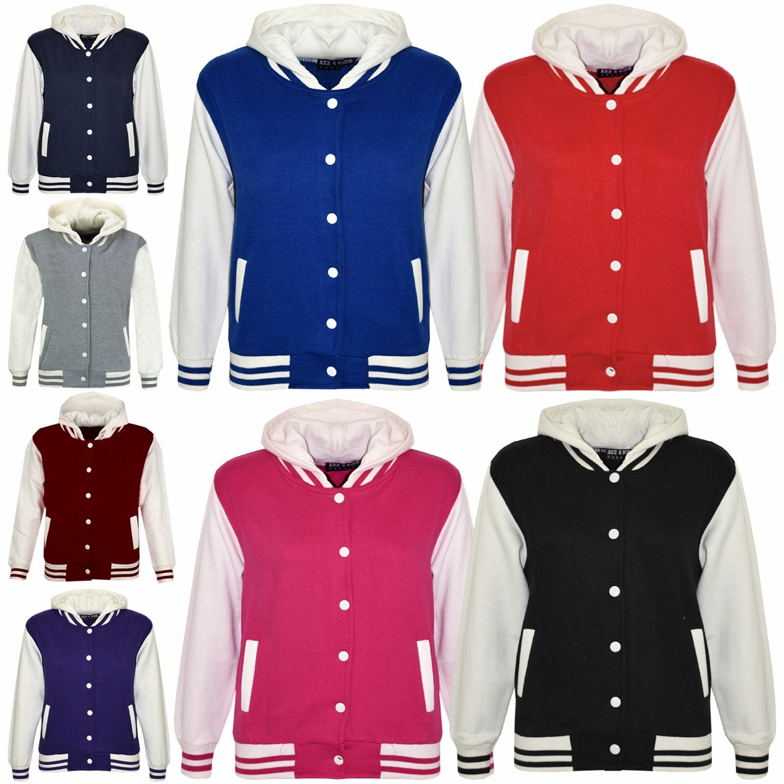 Kids Girls Boys Baseball Jacket Varsity Style Plain Red School Jackets Top  2-13Y