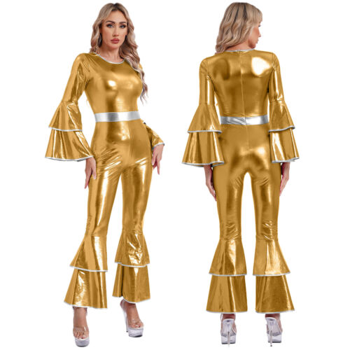 Damen 70er Disco Hippie Kostüm Glänzender Jumpsuit Einteiliger Overall Karneval - Bild 16 von 52