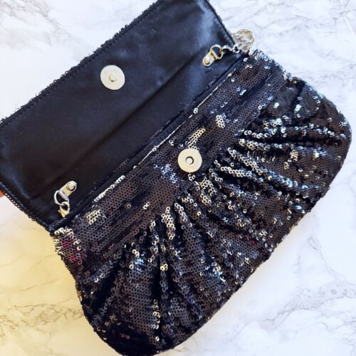White House Black Market Sequin Evening Clutch Bag Black Silver - Picture 2 of 6