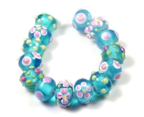 12 Handmade Lampwork Pink Sea Blue Rondelle Beads 14x10mm - Picture 2 of 2