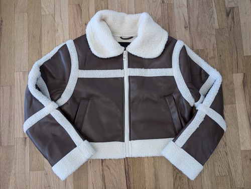 Sherpa Lined Bomber Jacket Women's Brown XL Teddy Faux Fur Leather NEW LOOK - Picture 2 of 13