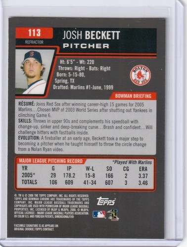 2006 Bowman Chrome Refractor Josh Beckett #113 - Picture 2 of 2