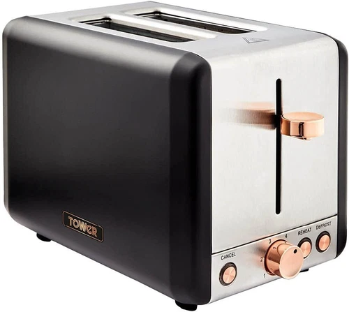 Tower T20036RG 2 Slice Toaster Cavaletto Defrost/Reheat 850W Black & Rose Gold