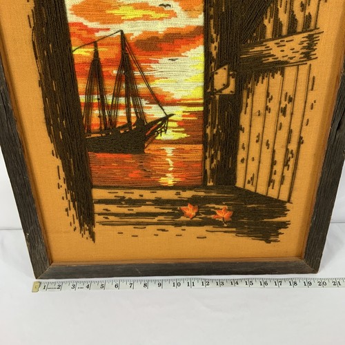 VTG Nautical Paragon Sunset Crewel Embroidery Art Raw Wood Framed 25.5” by 20” - Picture 5 of 6