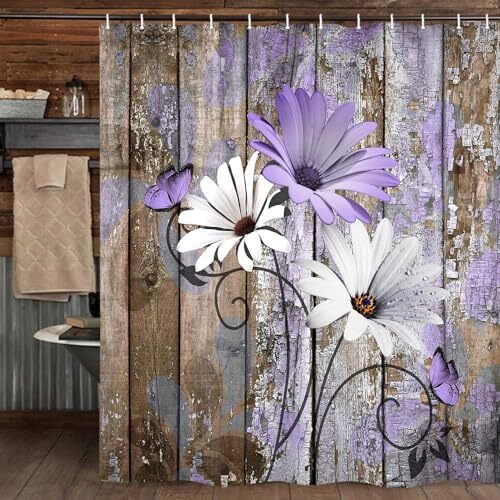 Farmhouse Flower Floral Shower Curtain, Rustic Purple 69"Wx70"L Daisy-purple - Bild 5 von 6