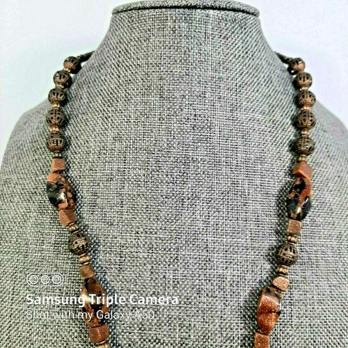 Artisan Handcrafted Beaded Necklace Sunstone Copper tone Beads & Glass Pendant - Picture 8 of 10