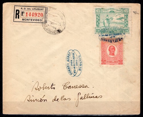 URUGUAY 1925 Sc C9 and 305  Registered Cover  RINCON Dpt  Rio Negro VF