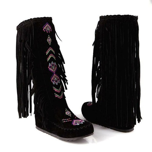 New Women Wedge Bohemian Heels Tassel Embroidery Pull On Knee High Boots Shoes @ - Picture 5 of 16
