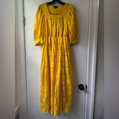 Sister Jane Burning Bright Lace Puff Sleeve Midi Yellow Cotton Dress Sz M - Picture 11 of 13