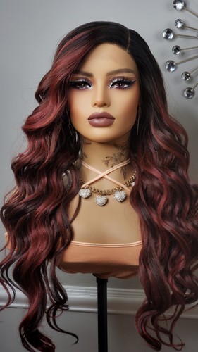 New Long Wavy Red Burgundy Wine Lace Front Wig Curly Style Womens Fashion Hair - Picture 11 of 15