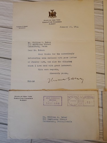 1942 Letters Thomas E Dewey Governor Presidential Candidate Signed Autograph - Picture 2 of 4