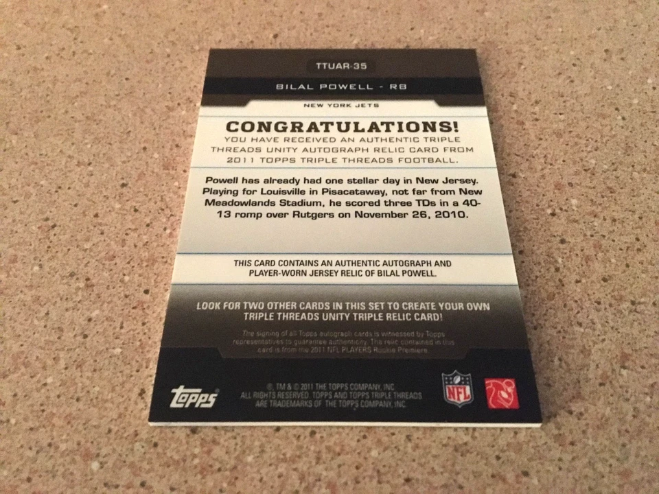 2011 TRIPLE THREADS BILAL POWELL RC UNITY RELICS SEPIA AUTO /75 NEW YORK JETS - Image 2 of 2