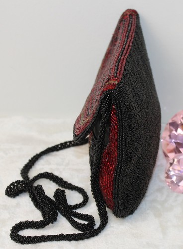Beaded Purse Black Red Gold Beads Crossbody Shoulder Evening Bag - Picture 2 of 14