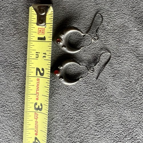 Vintage Sterling Silver 925 Boho Dangle Hoop Earrings Red Stone Unknown Origin - Picture 19 of 22